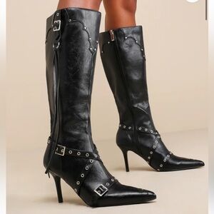 Lulus Bertruda Black Buckle Pointed-Toe Knee High Boots